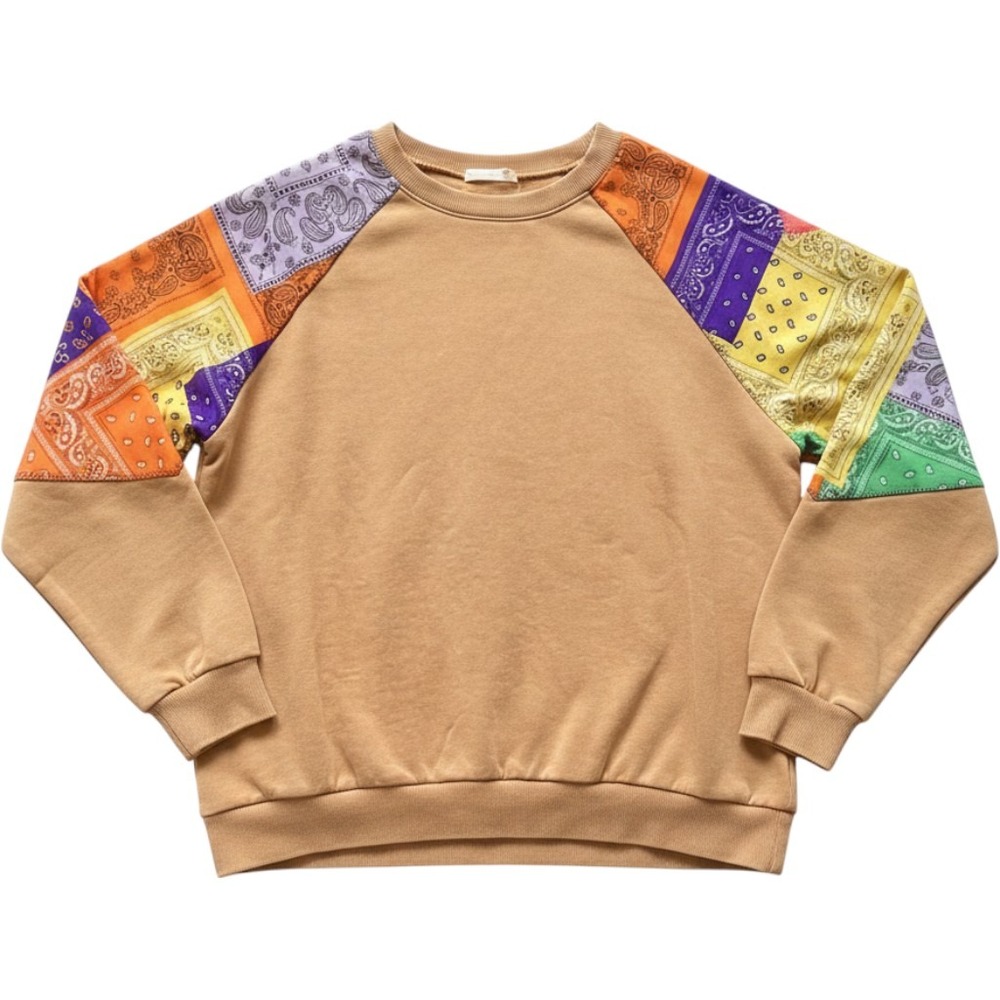 Easel Patchwork Paisley Pullover Sweatshirt Multicolor Tan Womens M Boho Cottage